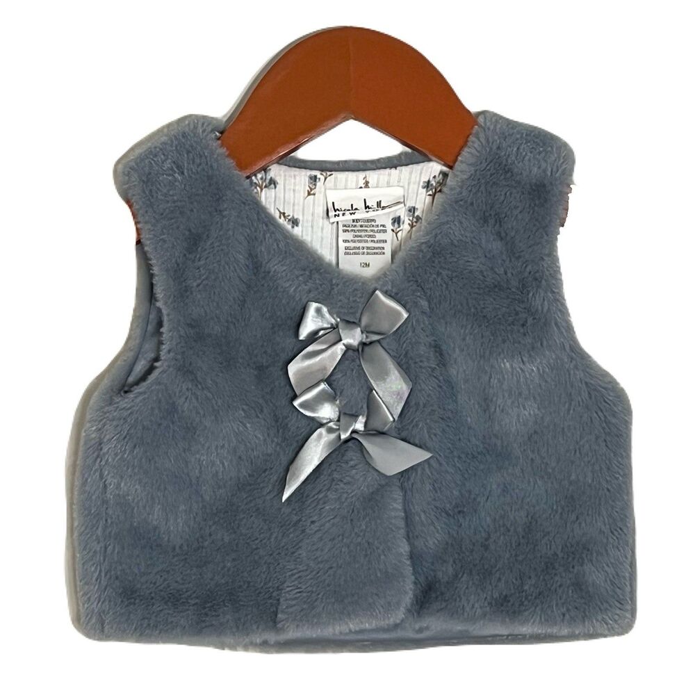 Nicole Miller New York Cute Girls Blue Faux Fur Jacket Vest with‎ Bows Size 12M